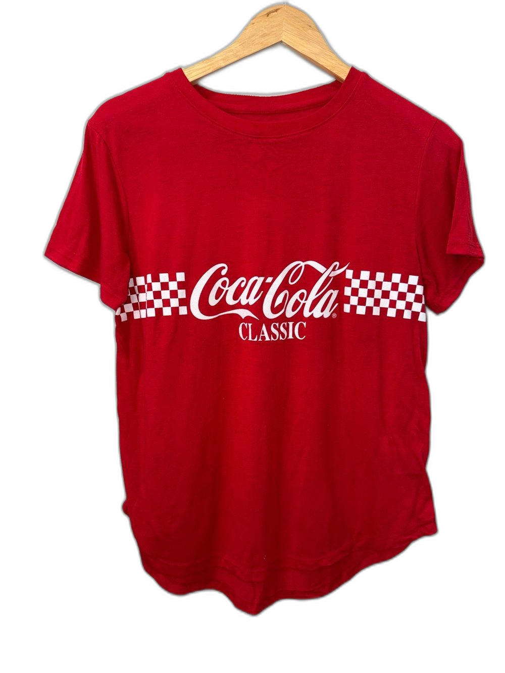 Coca Cola Red Tee Women’s Large White Checker Logo !